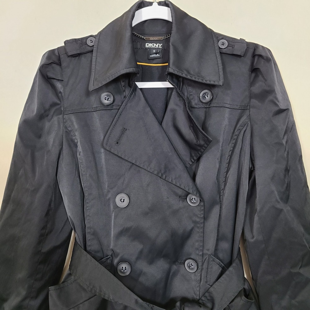DKNY Black Trench Rain Coat S Lined Belted Pleated Casual Streetwear Fleur Noire - Picture 6 of 15